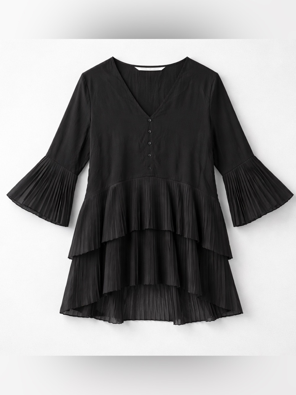 Zara Black Pleated Tiered Peplum V-Neck Blouse Size Medium